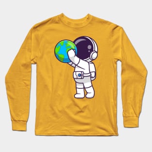 Cute Astronaut Holding Earth Globe Cartoon Long Sleeve T-Shirt